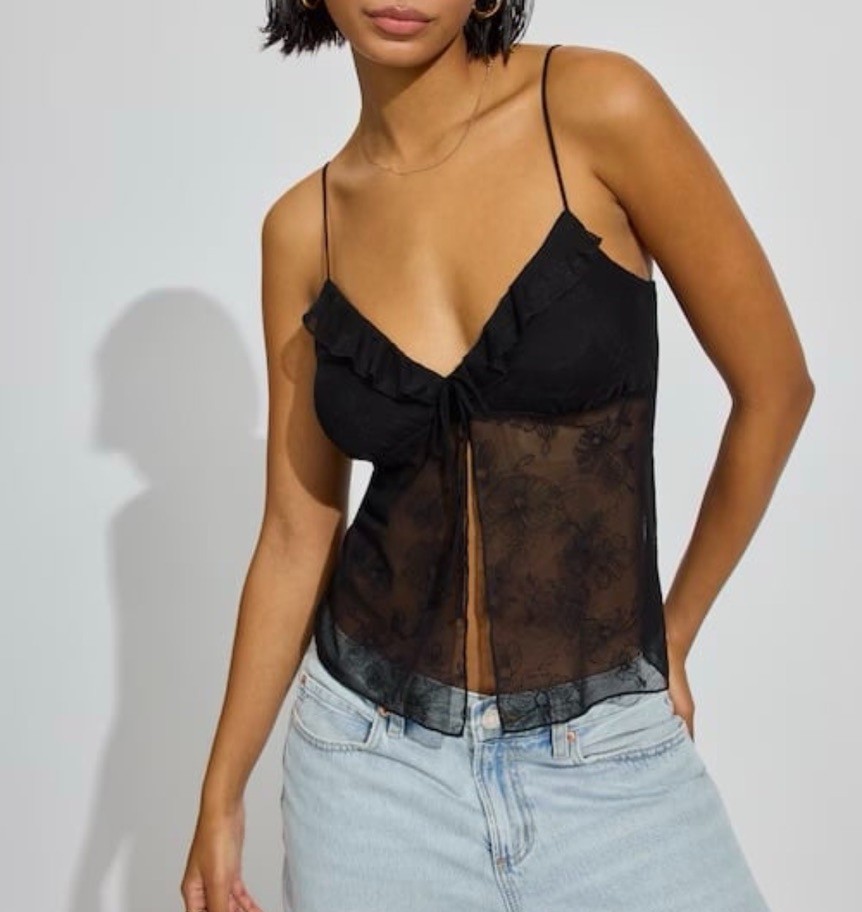 Garage Embroidered Mesh Flyaway Cami Top Womens Medium Black