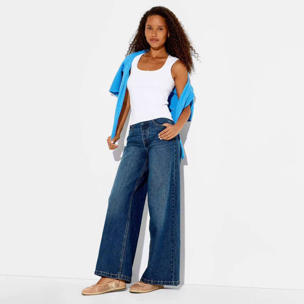 Women Mid-Rise Ultra Wide Leg Jeans – Wild Fable Dark Wash 8