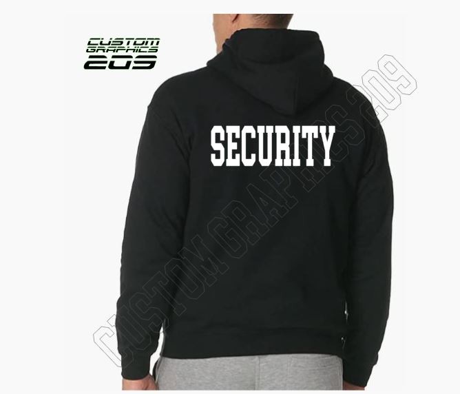 SECURITY Black Hoodie Front & Back Print Bold Text Unisex Cotton Blend Sweatshir