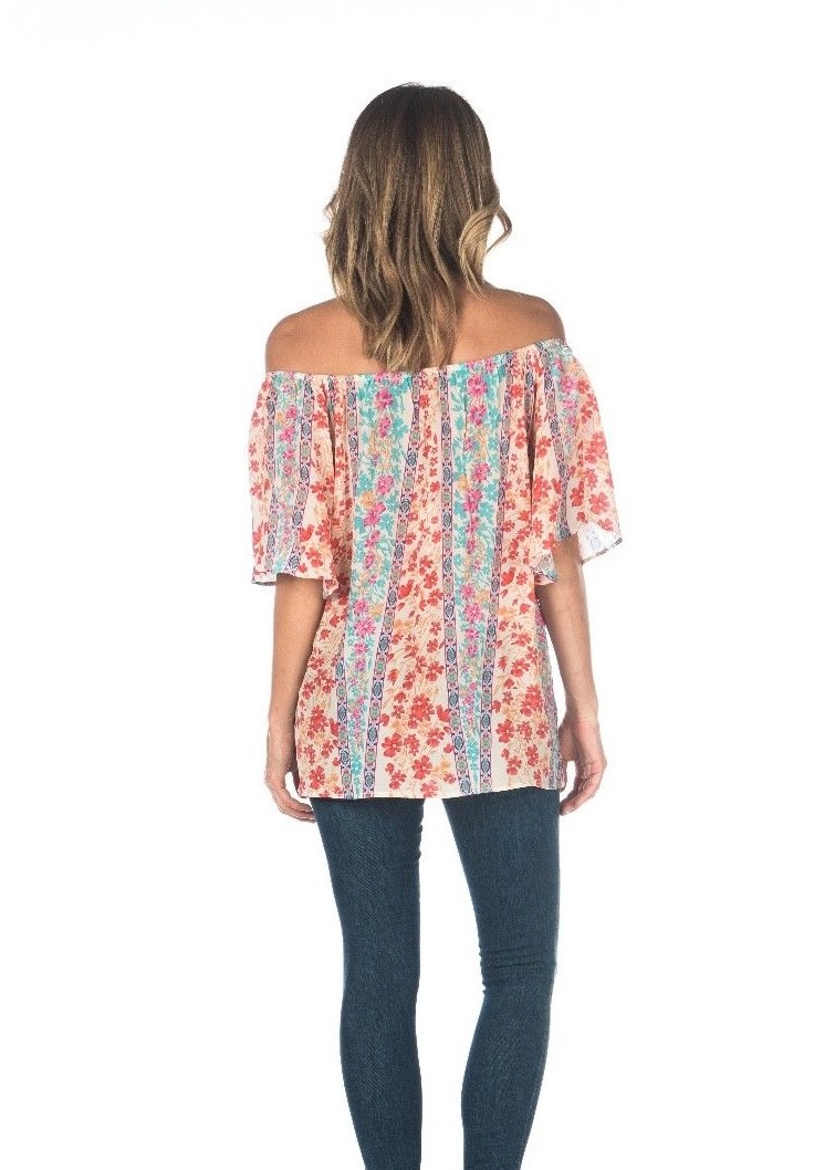 Tolani Maritza Coral/Turquoise Floral Print Silk Off-the-Shoulder Top Sz Large