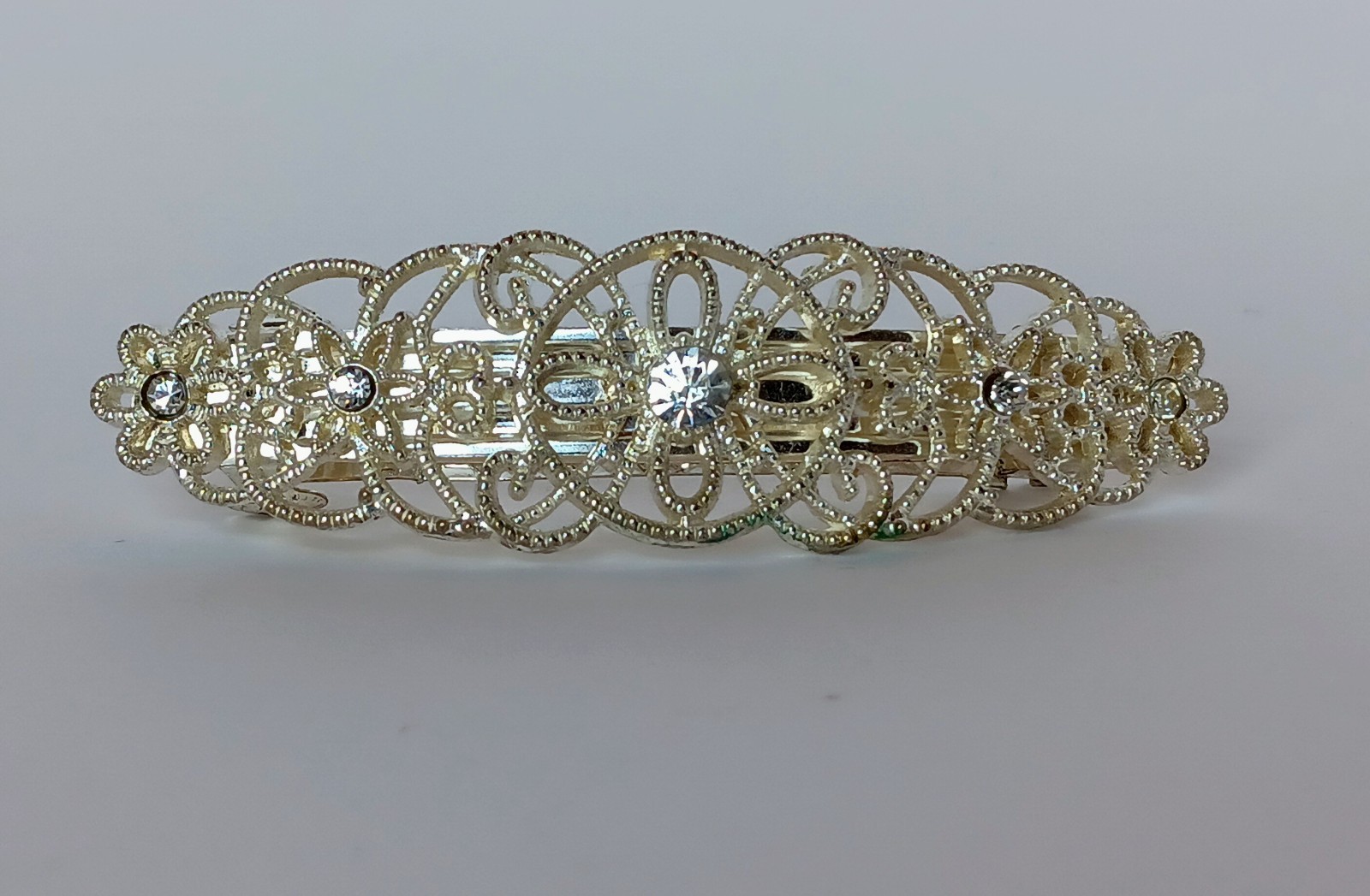 Faship Silvertone Filagree Crystal Hair Barrette 3.5 in