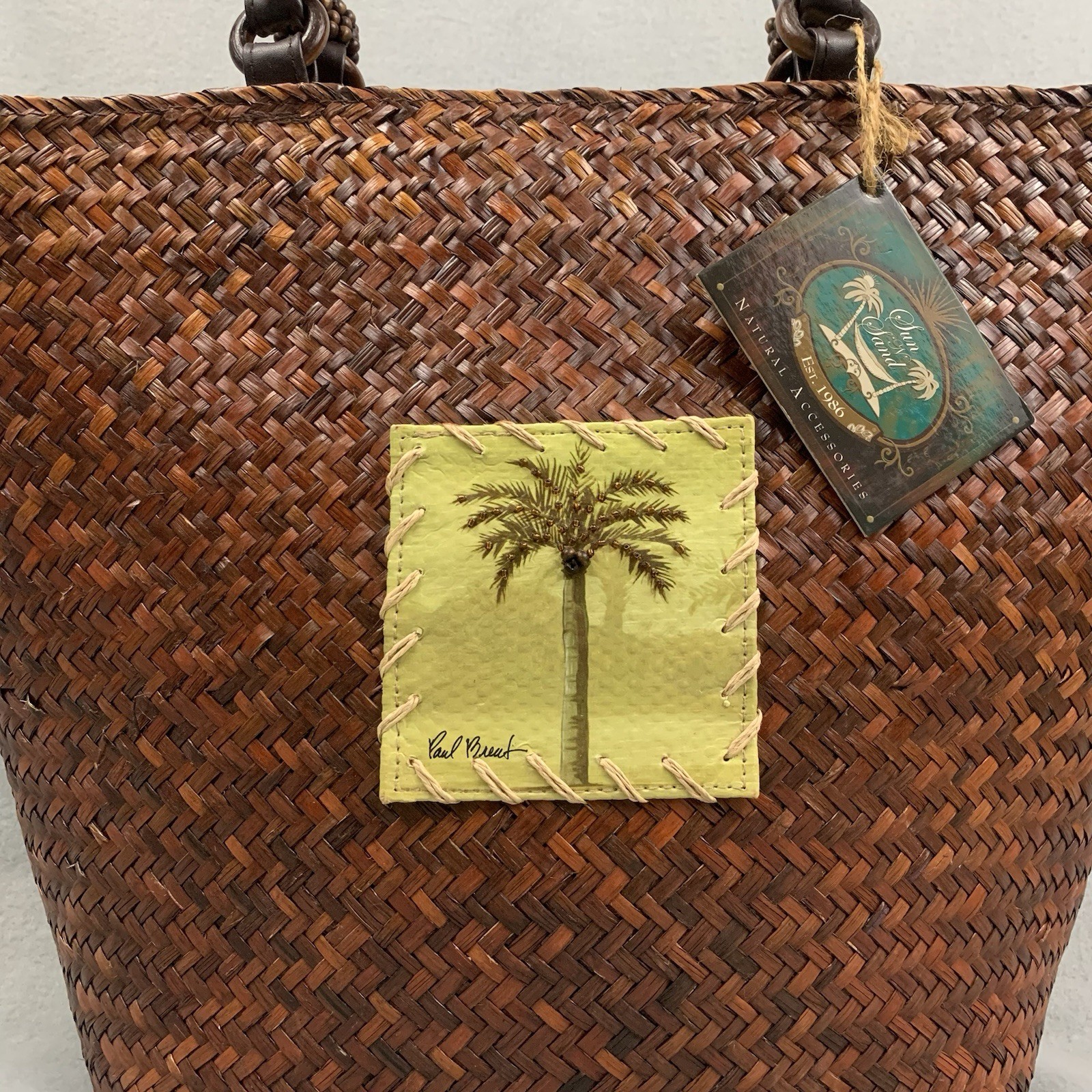Sun N Sand Brown Woven Tote Beach Palm Tree Tropical Boho Handbag By Paul Brent