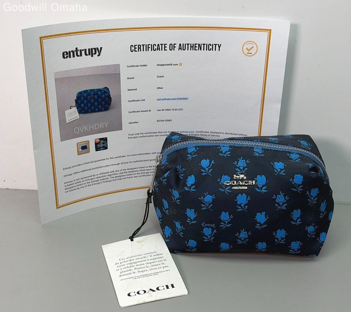 Authentic Coach Blue Floral Badland Print Boxy Cosmetic Case / Bag #C5583 w/ COA