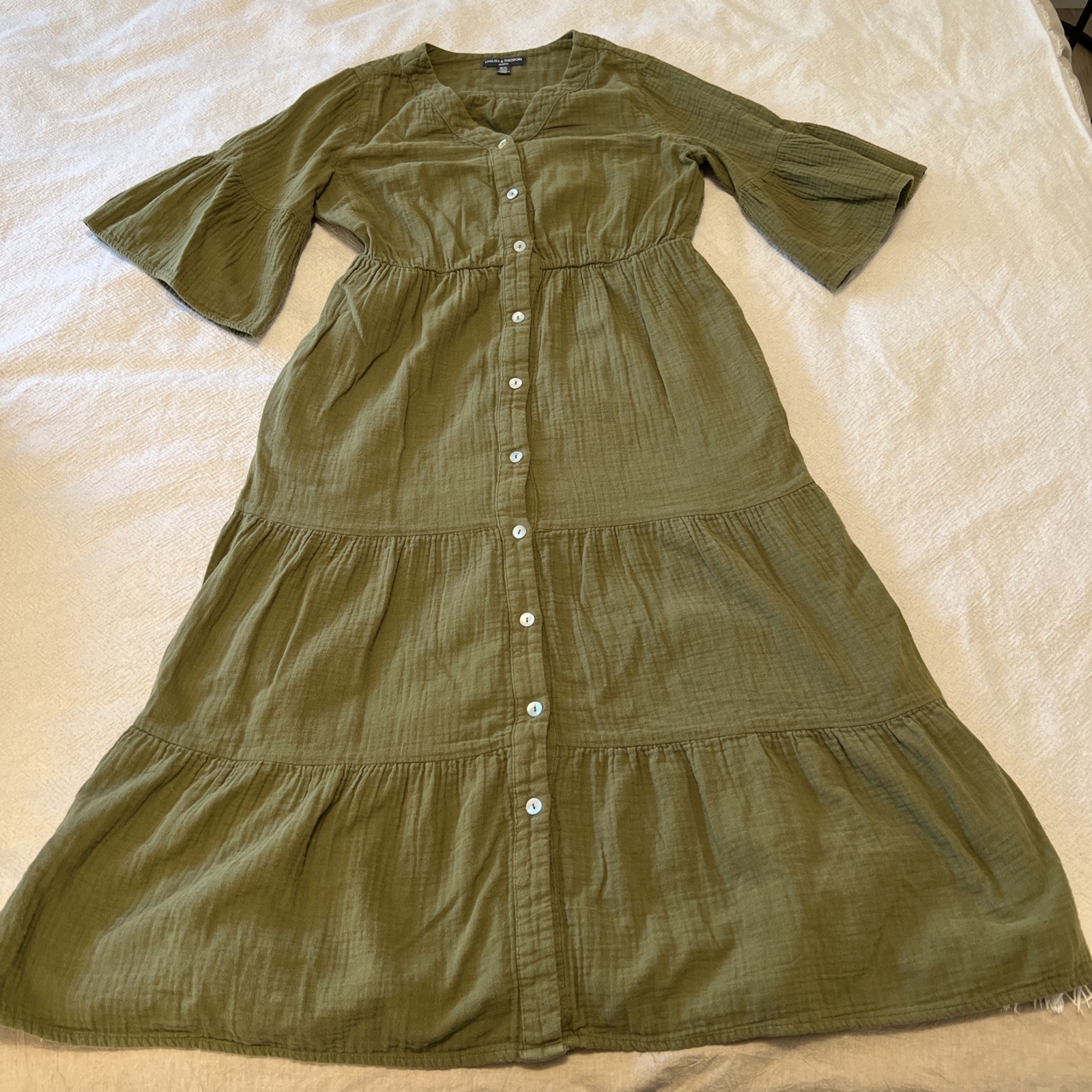 Women’s M Olive Green Cottage 100% Cotton Tiered Elastic Waist Pockets Dress