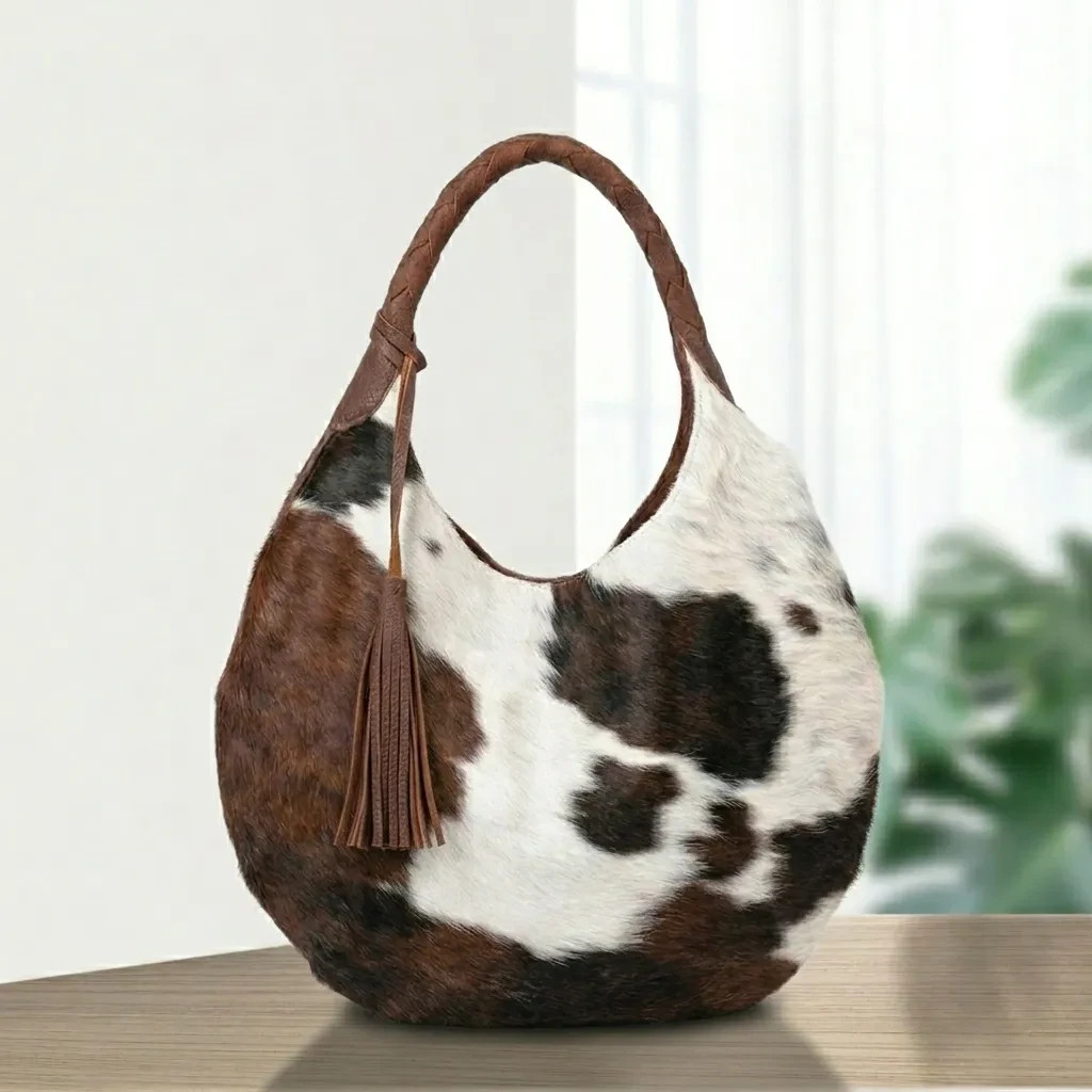 Cowhide Leather Hobo Bag Brown White Cow Print Western Fringe Shoulder Purse