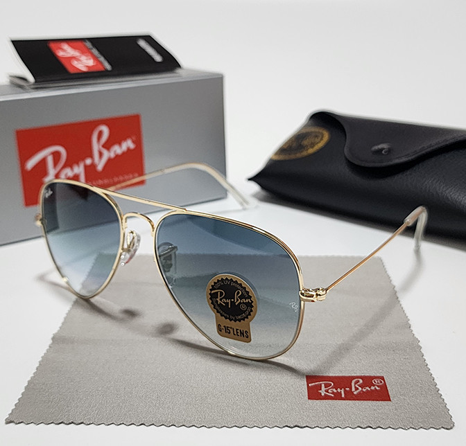 Ray-Ban RB3025 Aviator Pilot Sunglasses Gold Frame Glass Gradient Blue Lens 58mm
