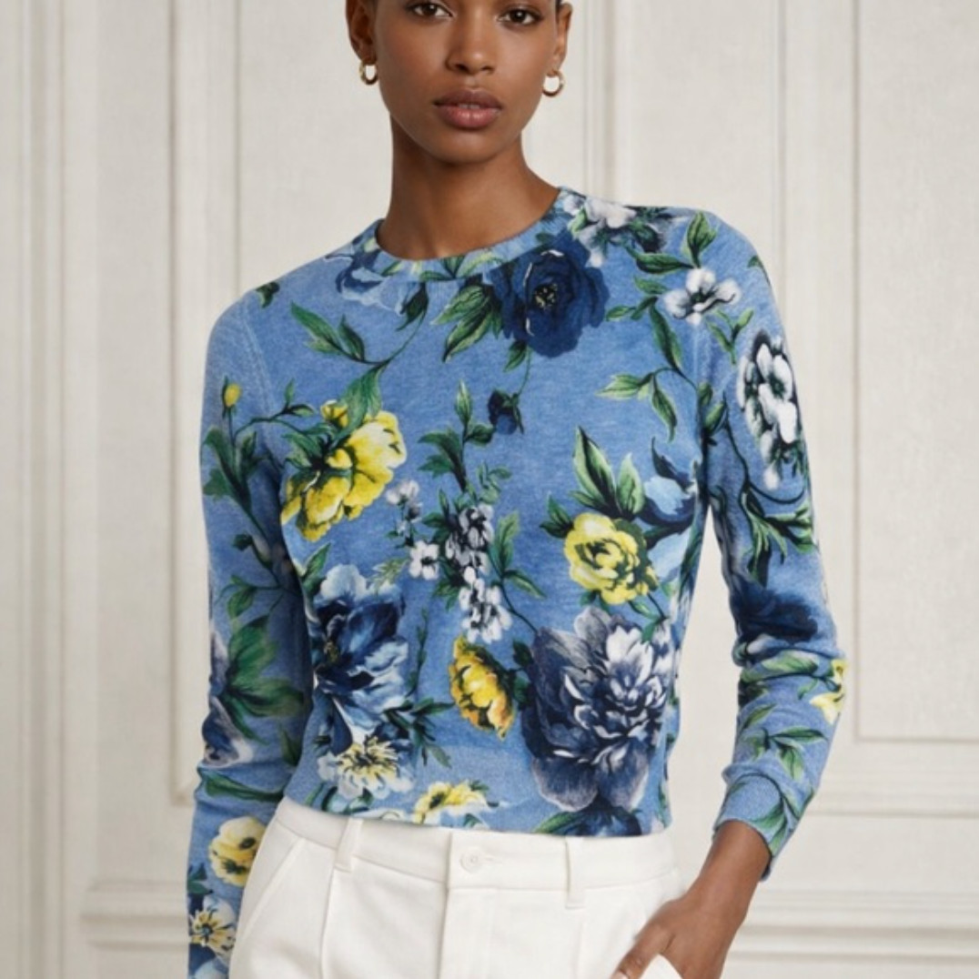 Cashmere Silk Sweater in Soft Blue Floral, Size Large – Brand: Samantha Sung