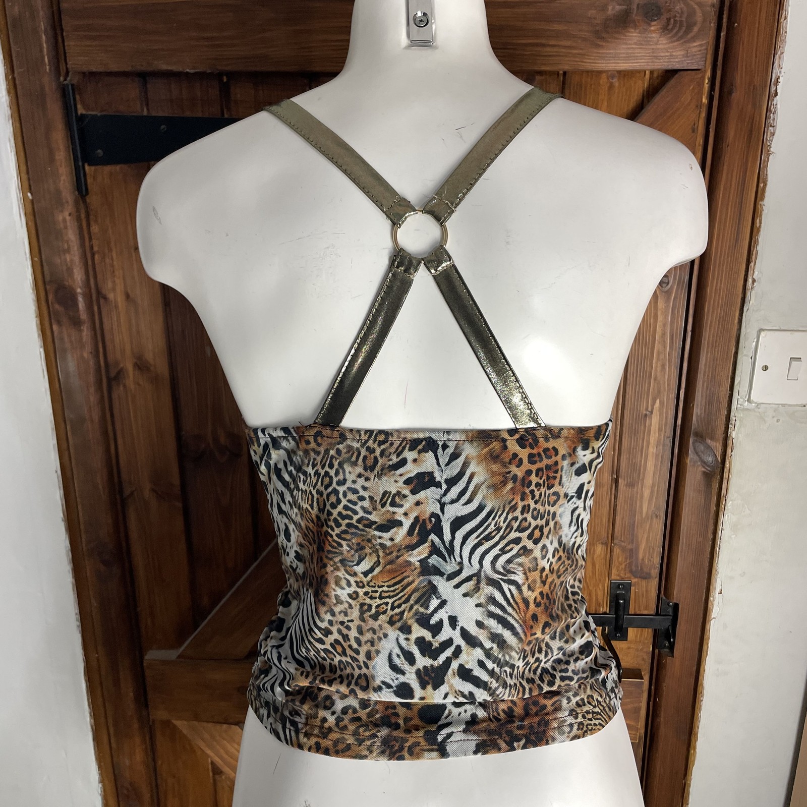 Romwe Y2K Brown Leopard Print Gold Corset Bust Short Cami Top UK 10