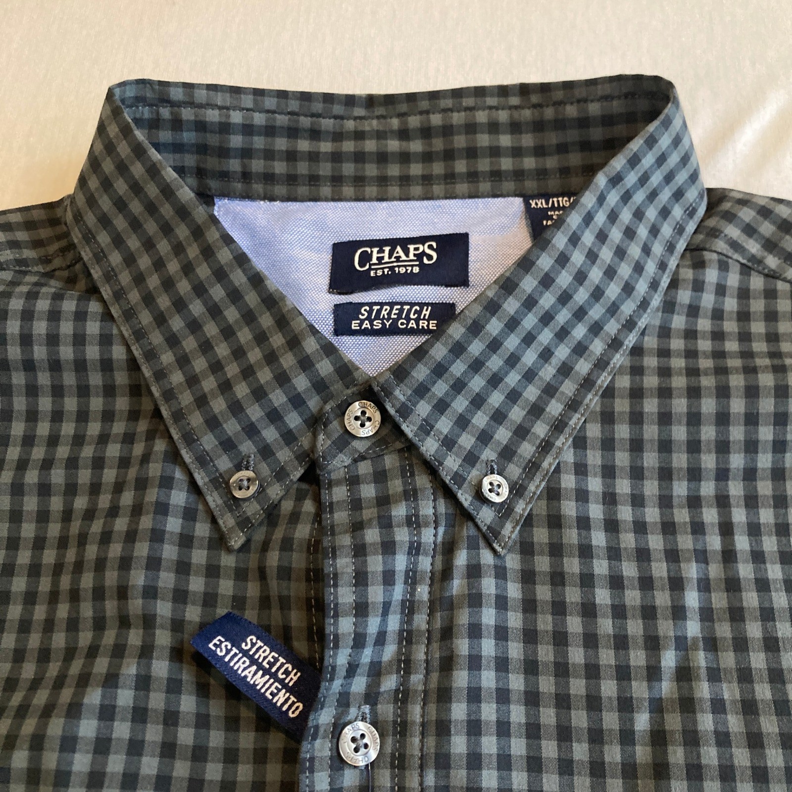 NEW Chaps Mens 2XL Graphite Gingham Stretch Easy Care Button Down Shirt NWT