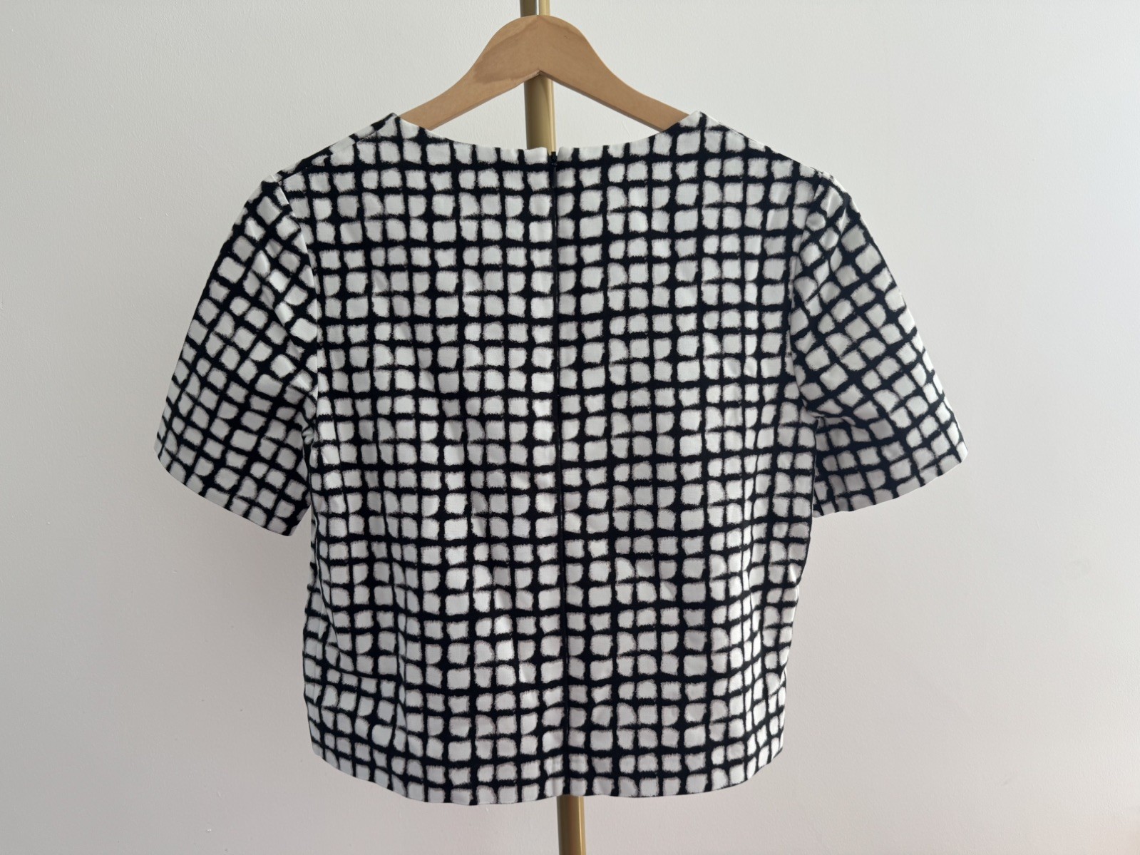 Next Black White Check Tailored Top UK 10 Short Sleeve Boxy Cotton Blend Blouse