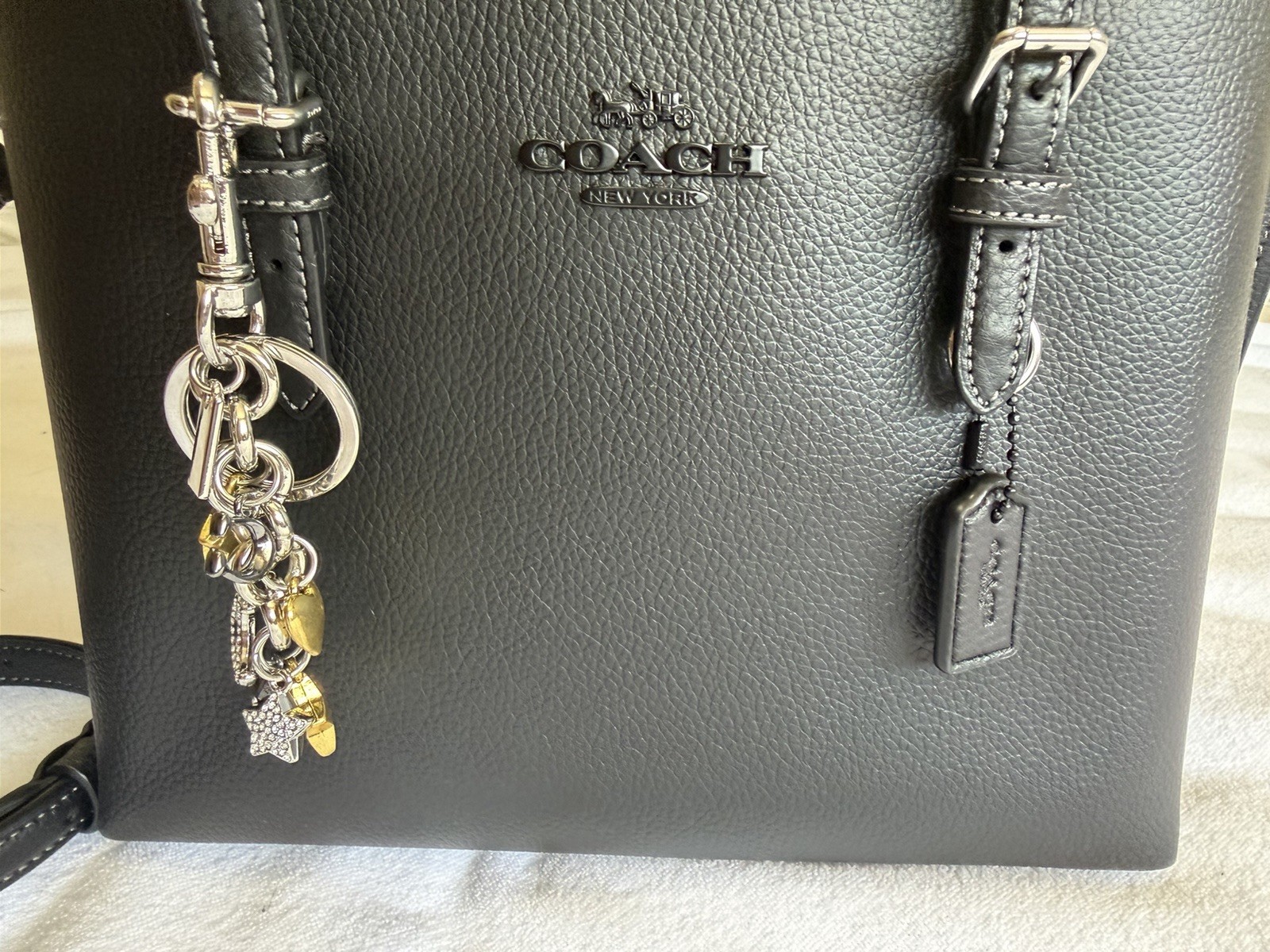 NWT Coach Mollie Tote 25 Black Metallic Logo Bundle w/ Strap, Charm, Dust Bag