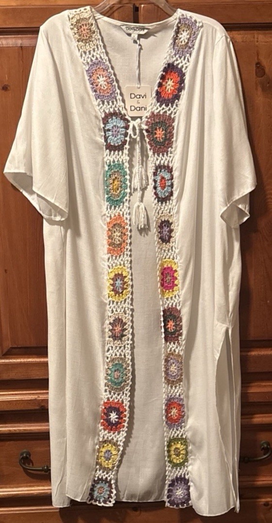 Davi & Dani White Multicolor Crochet Hand Knit Granny Square Trim Cover Up Dress
