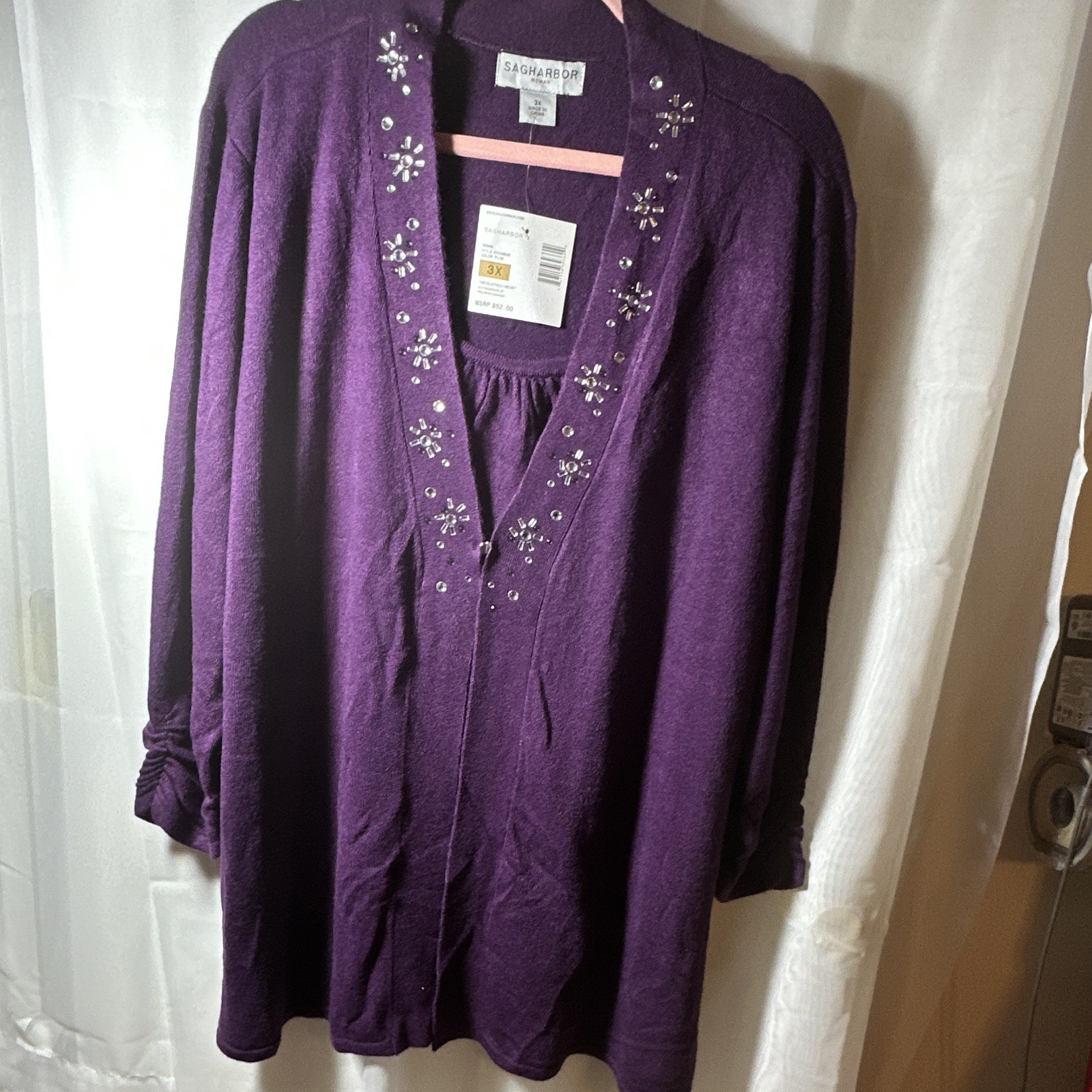 Sag Harbor Women’s 2-Piece Knit Set 3X Plum Beaded Cardigan & Top H154884B NWT