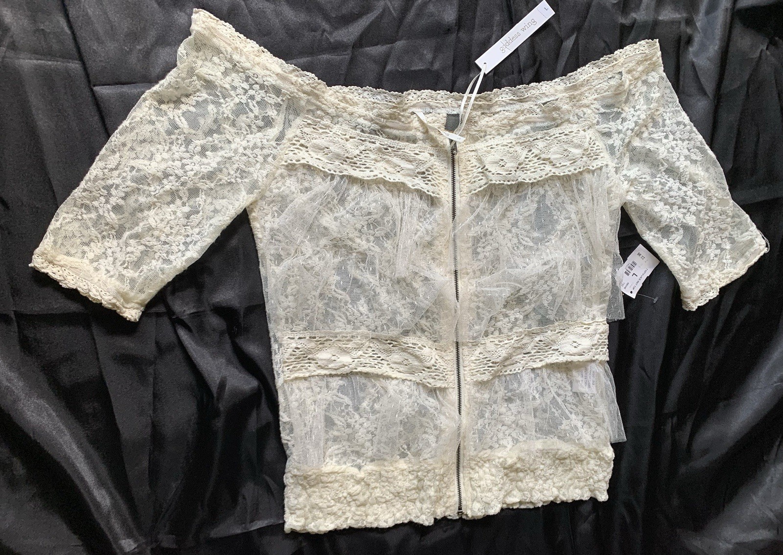 Goddess Wing ☀️ Blouse Top Women Woman Size Large Lace Off White Beige Zipper