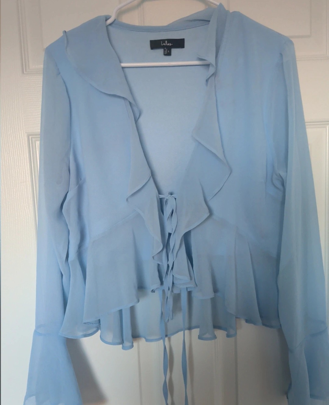 Lulus Blue Chiffon Semi-Sheer Ruffle V-Neck Tie-Front Bell Sleeve Blouse L