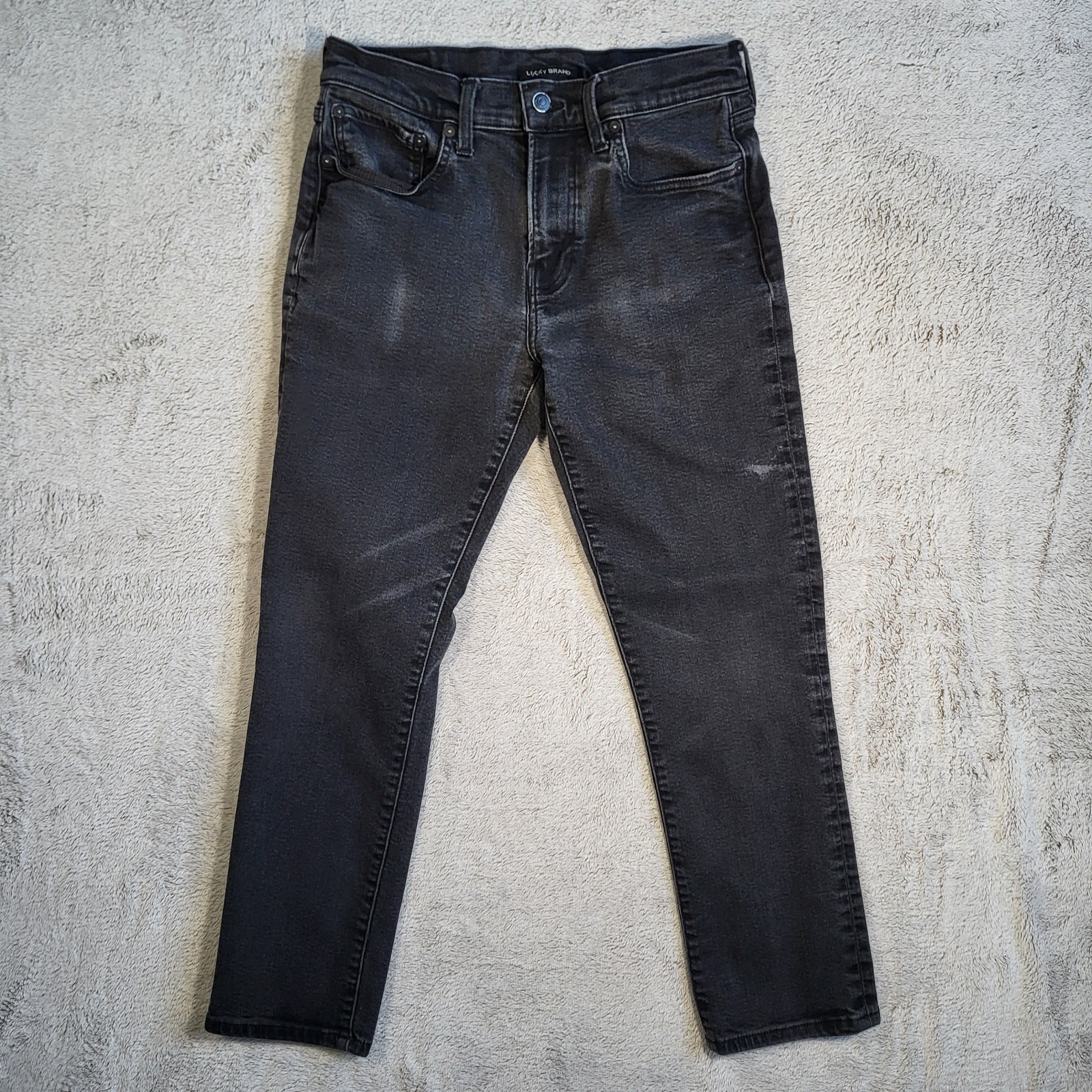 Lucky Brand 223 Straight Jeans Mens 30×30 Black Medium Wash Distressed Stretch