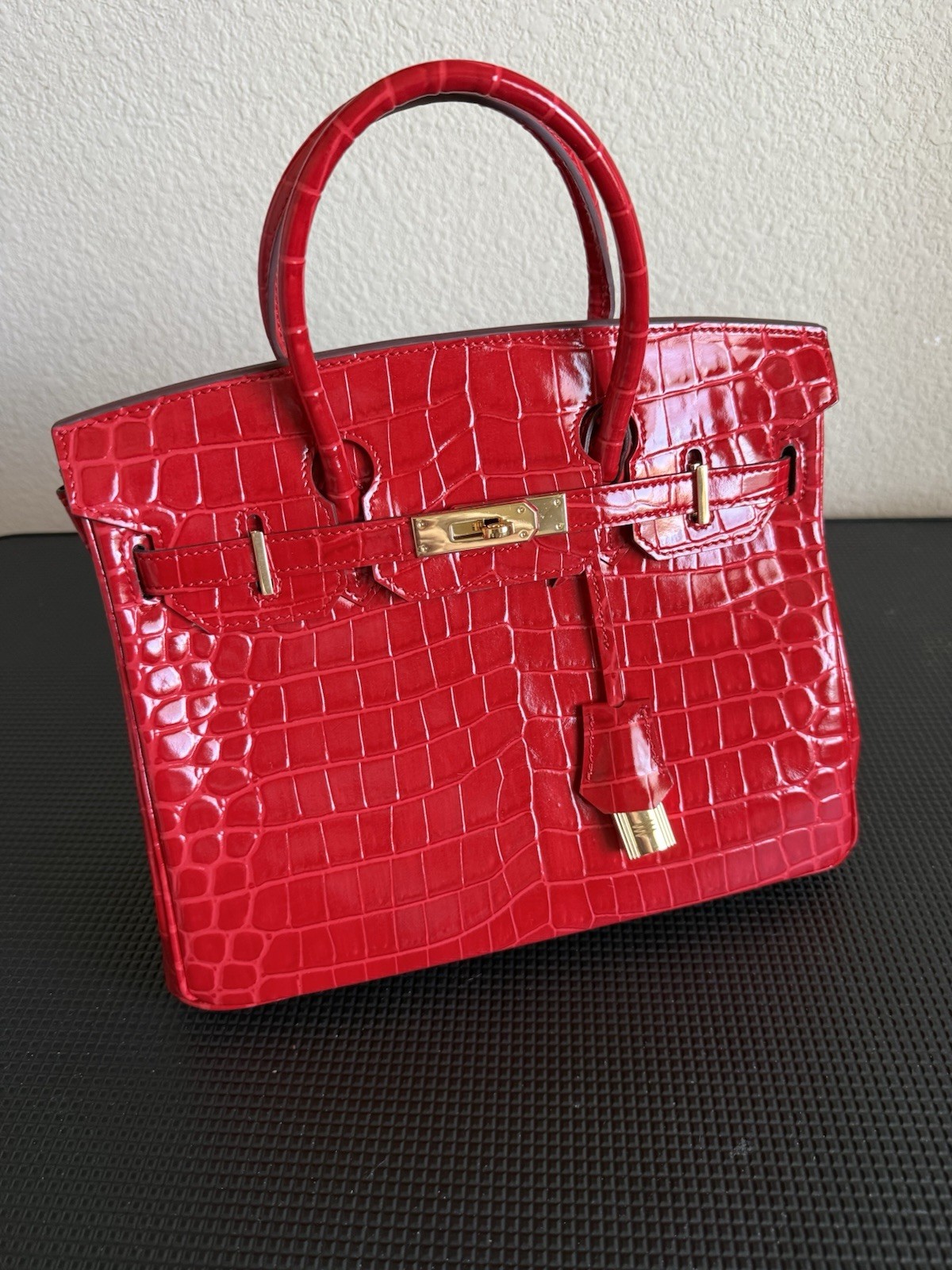 Red Crocodile Embossed Patent Satchel Top Handle, Gold Hardware, Lock, Pockets