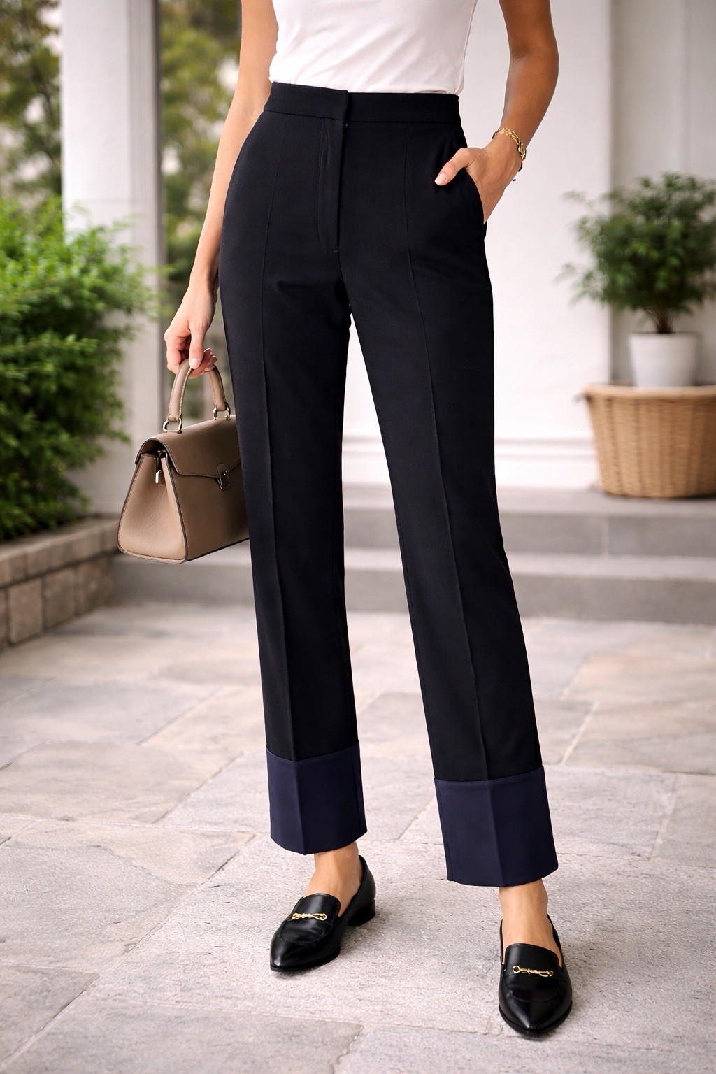 Derek Lam Black Navy Wool Blend Cuffed Straight Leg Dress Pants Women