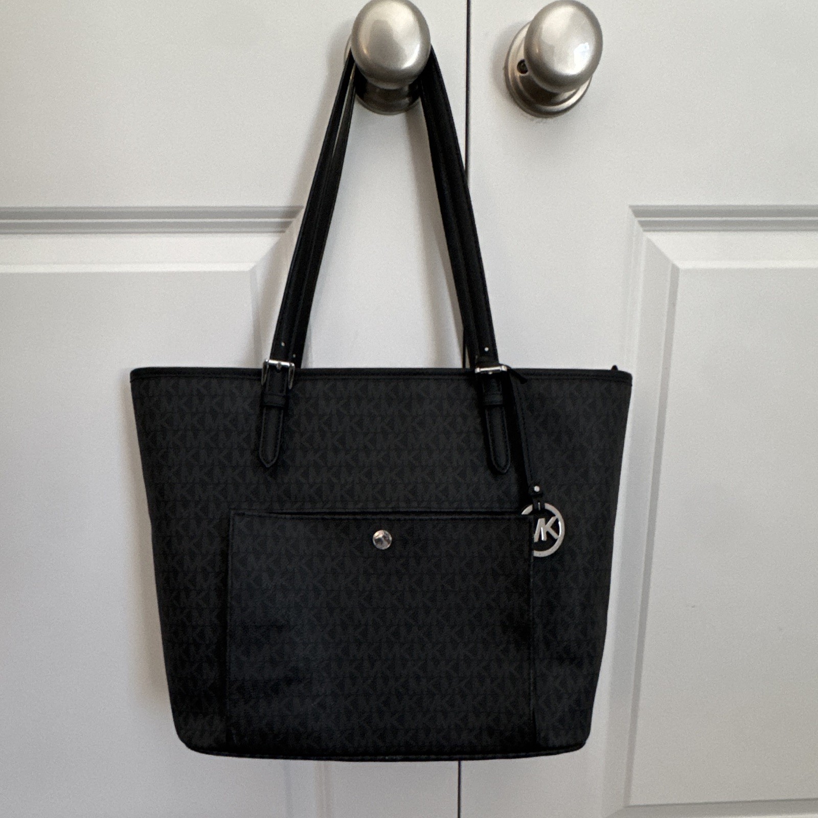 Michael Kors Black Logo Tote Bag Zip Top, Inner/Outer Pockets, Charm, Silver