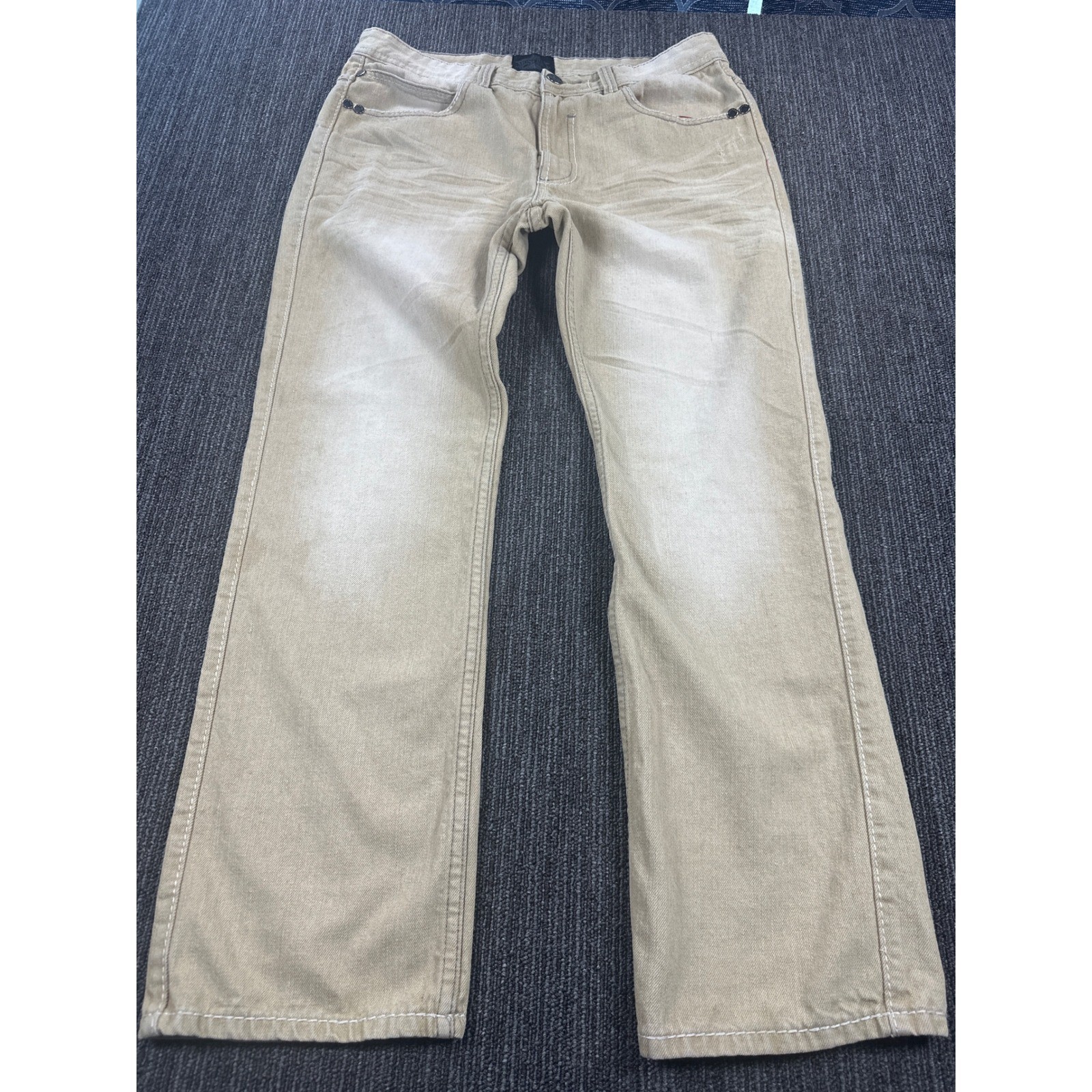 Montero Jeans Mens 34×30 Tan Khaki Faded Straight Leg Denim Y2K Contrast Stitch