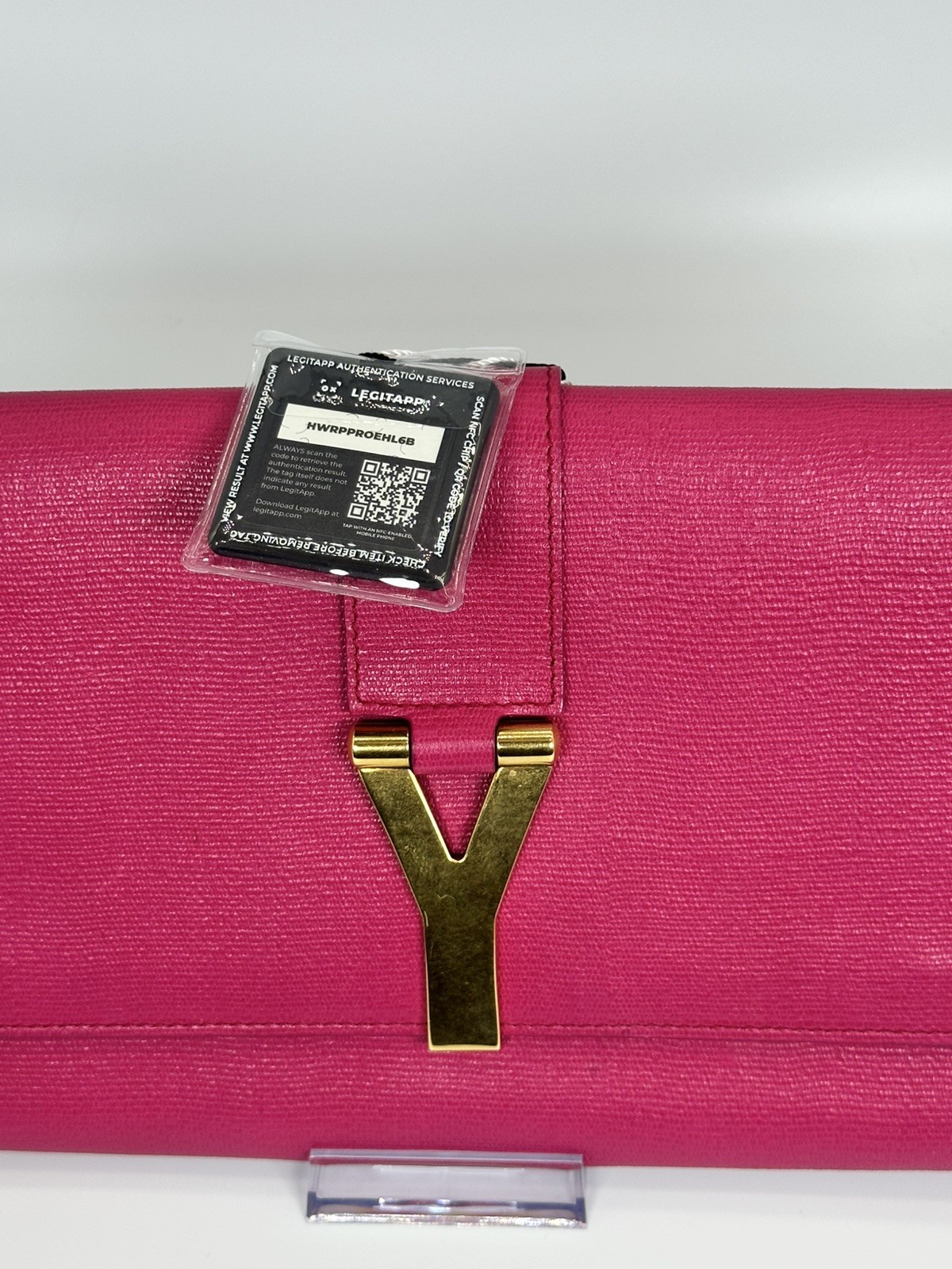 100% Authentic Saint Laurent Y Ligne Fuchsia Textured Leather Clutch COA & Chain