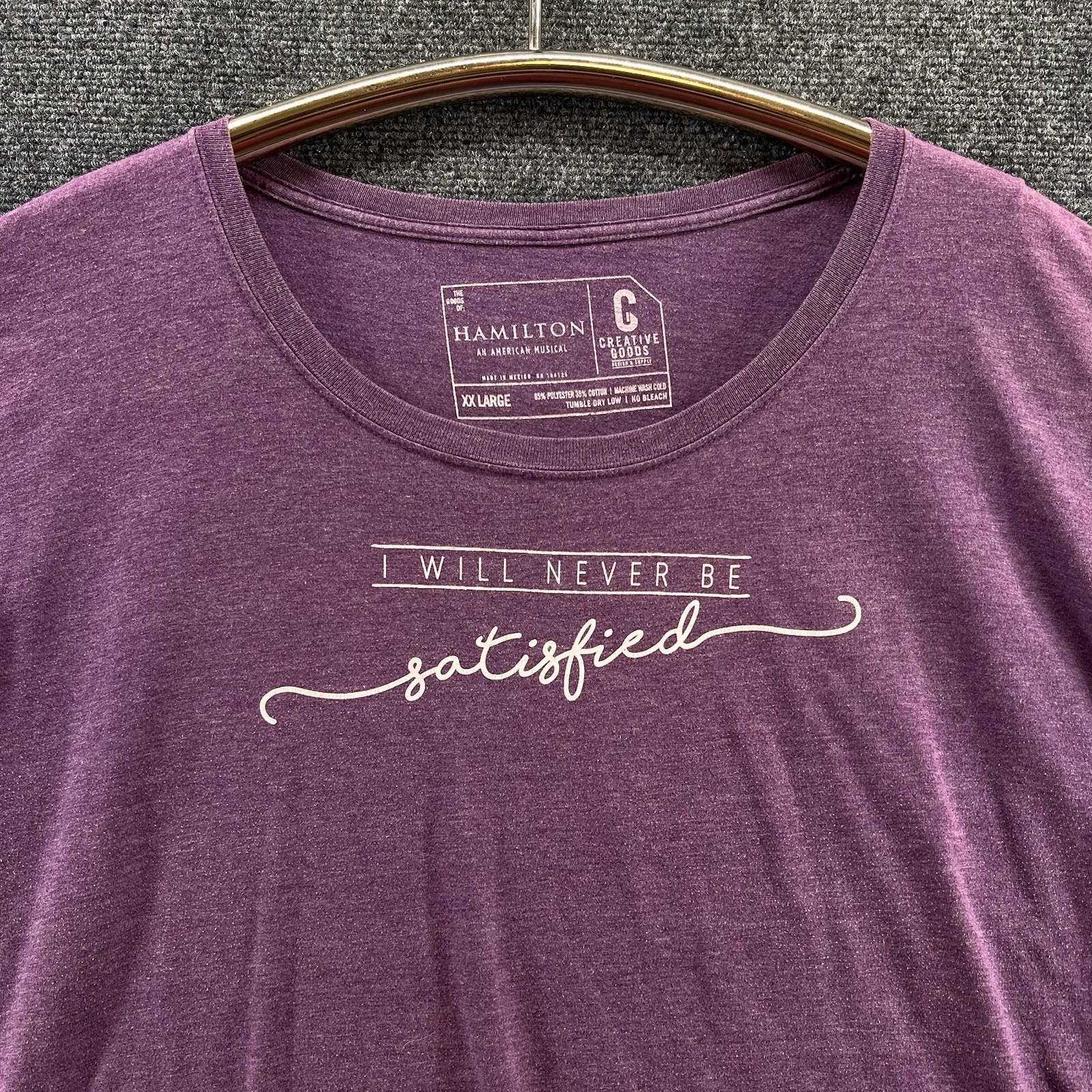 Hamilton Musical Graphic T-Shirt Womens 2XL ‘Never Be Satisfied’ Purple Official