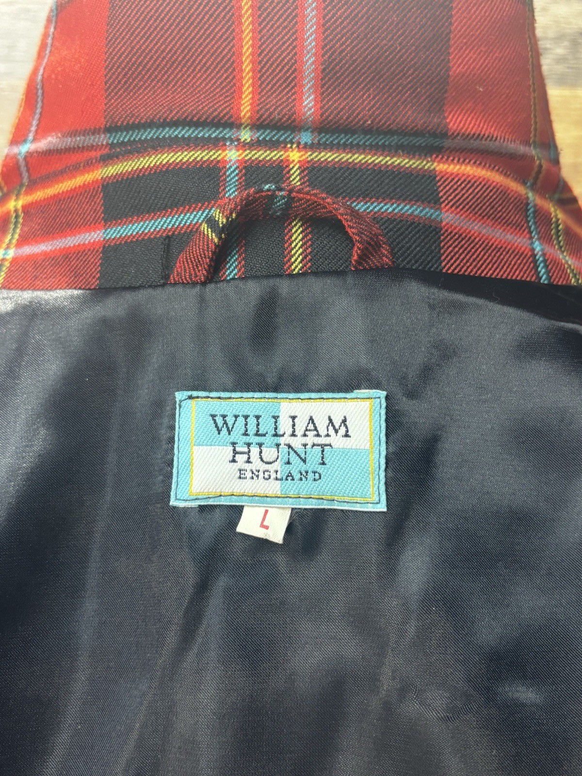 William Hunt Tartan Leather Button Coat Made In England Large