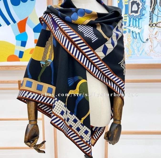 2025 Sallys 70% Cashmere 30% Silk Wrap Scarf Horses Print Double Face Shawl 53″