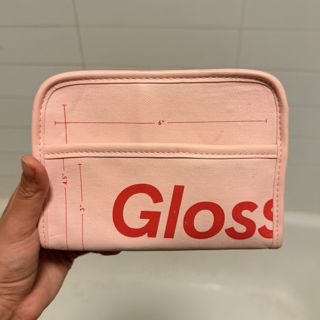 Glossier Women’s Mini Pink/Red Logo Zip Cosmetic Bag Pouch, Canvas