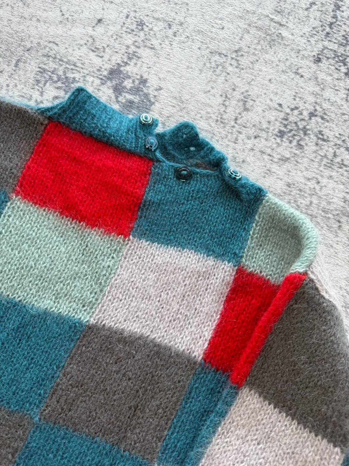 Hand knitted Jumper Womens 14 Blue Block Colour Funky Fuzzy Retro Cozy