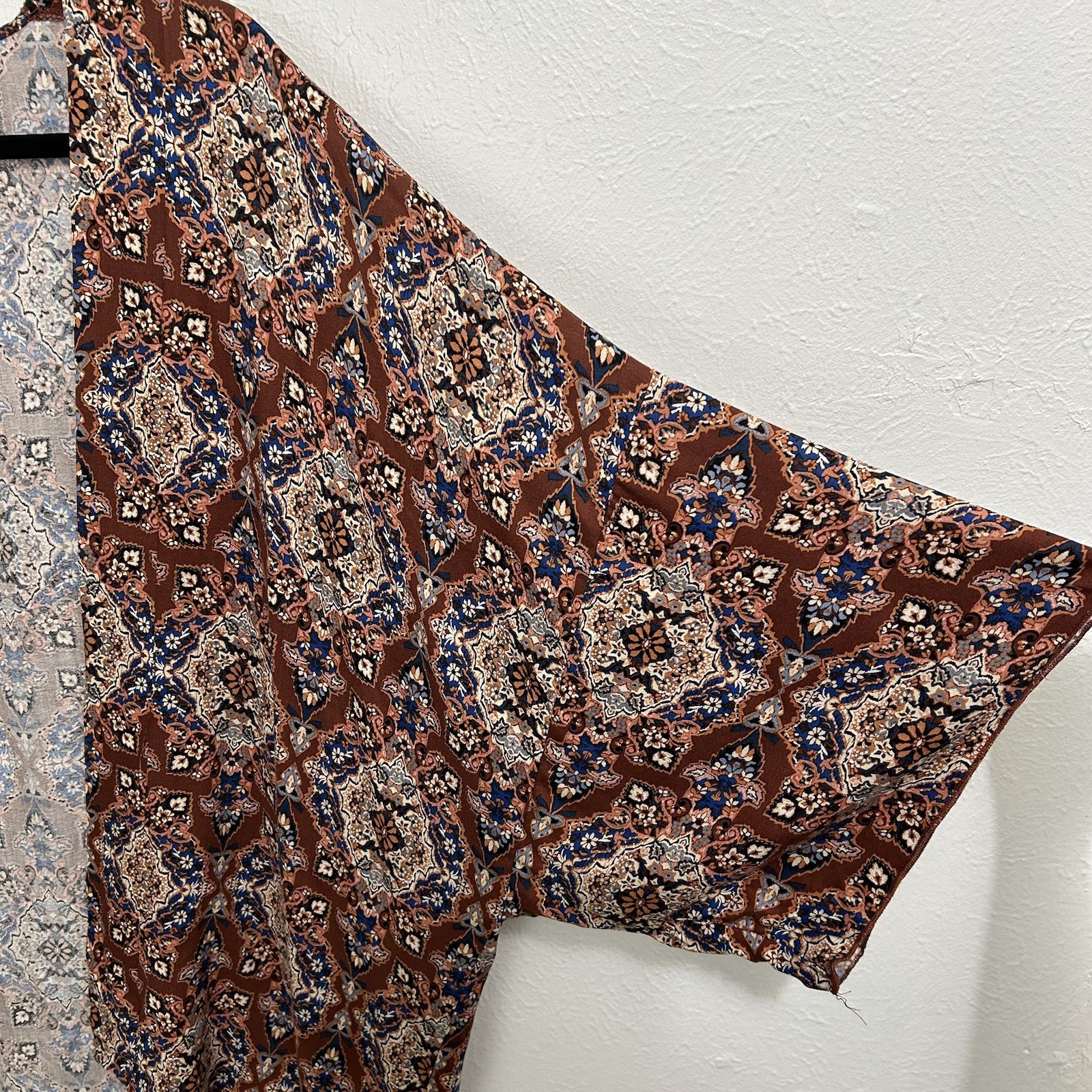 Allison Terracotta Leoni Kimono Wrap Short Sleeve Brown Ikat Floral Sz M/L Boho