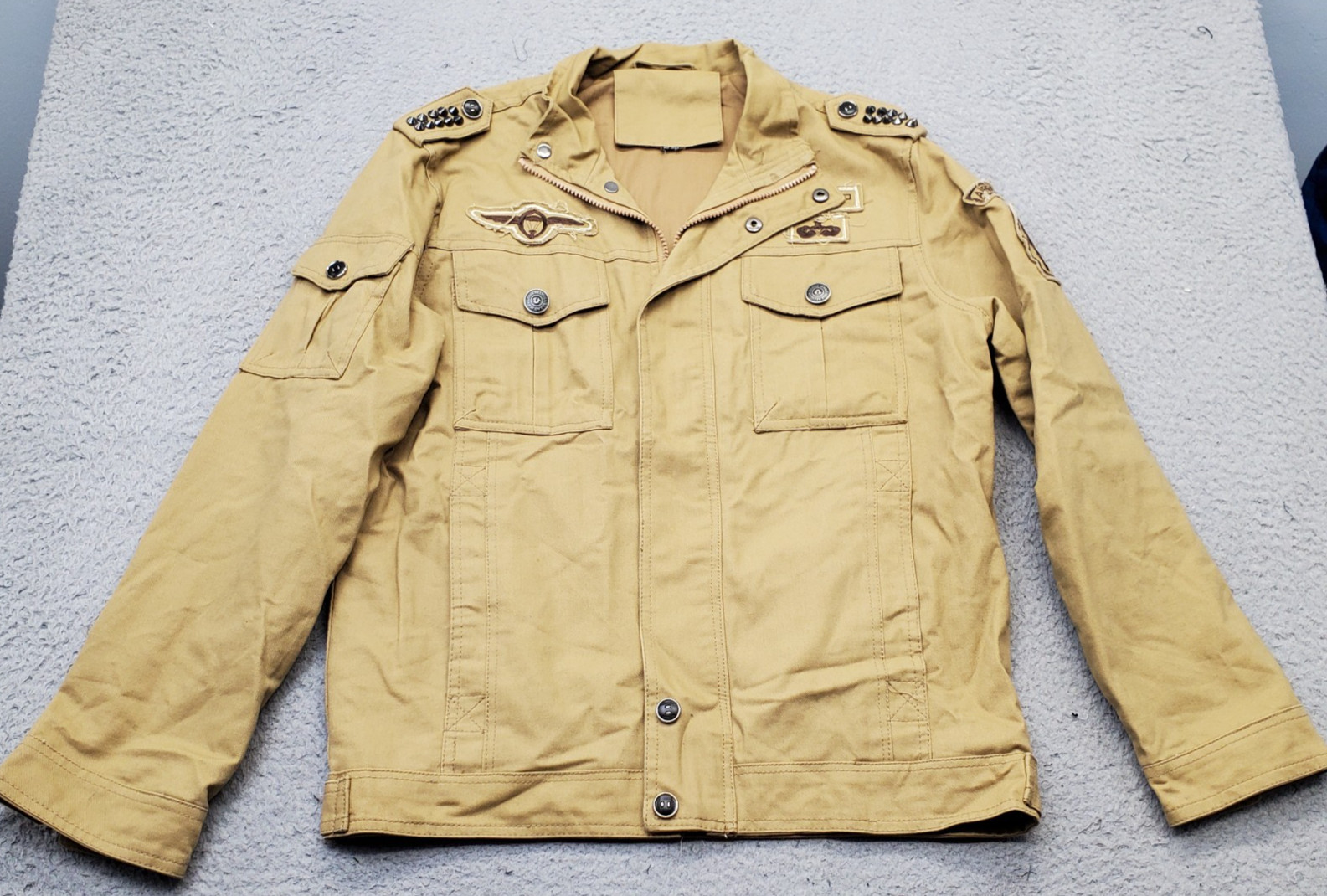 True Religion Military Jacket Mens Large Tan Canvas Classic Fit Snap Inside Zip