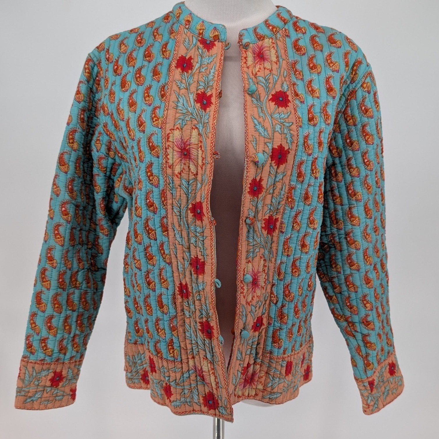 Reversible Quilted Jacket Wmns M Blue Orange Paisley Floral Boho Cottage Artisan