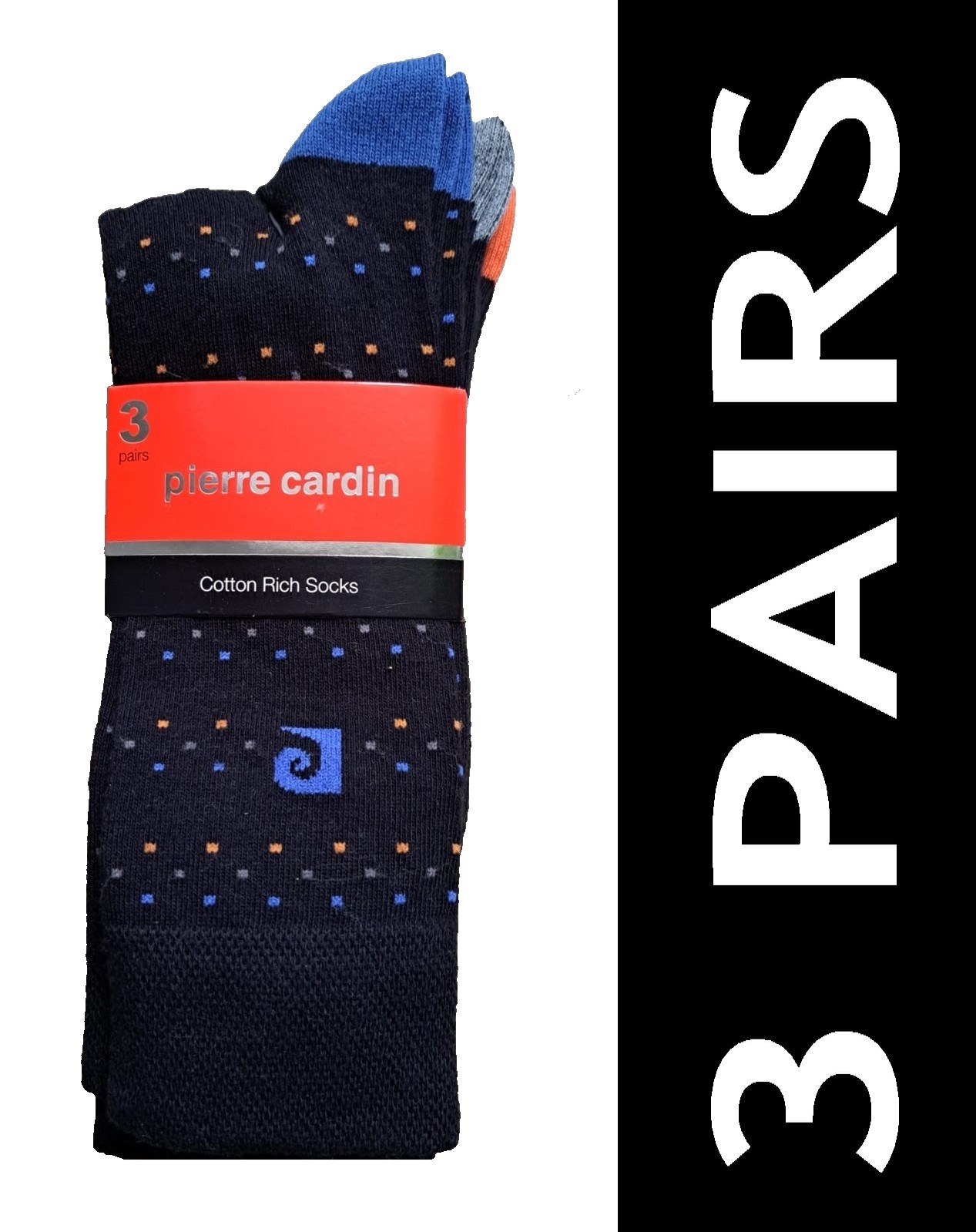 PIERRE CARDIN | Mens 3 PAIRS Black Tipped Socks | One Size UK 7-11 EU 40-46