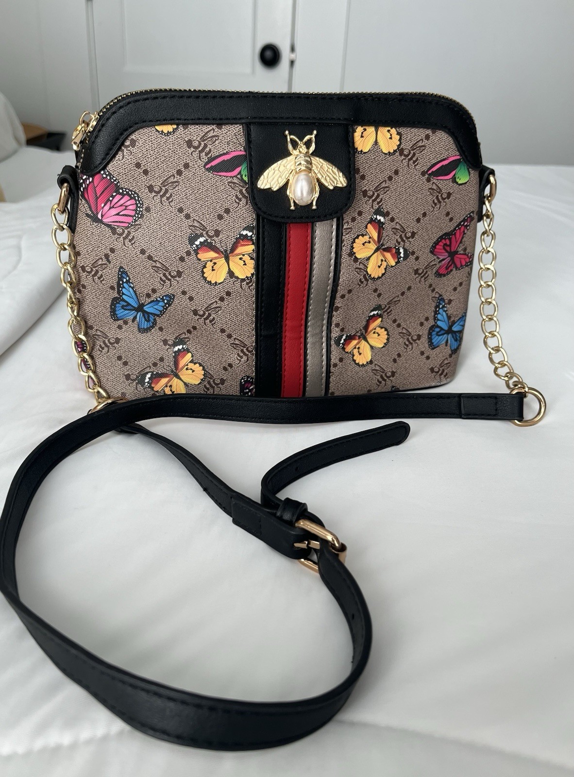 Brown Multicolor Butterfly Crossbody Bag Zip, Gold HW, Chain Bee, Adj Strap