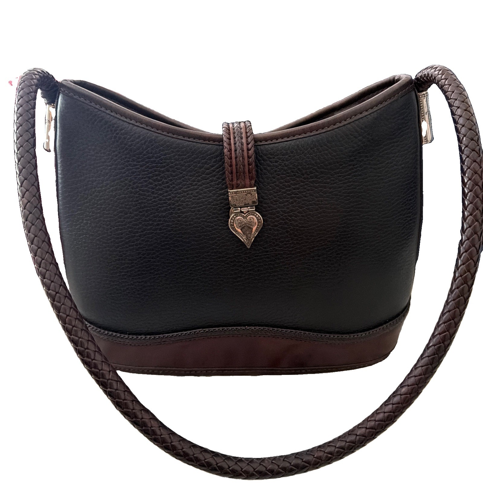 Vintage Brighton Black Brown Leather Shoulder Bag Braided Strap Heart Charm