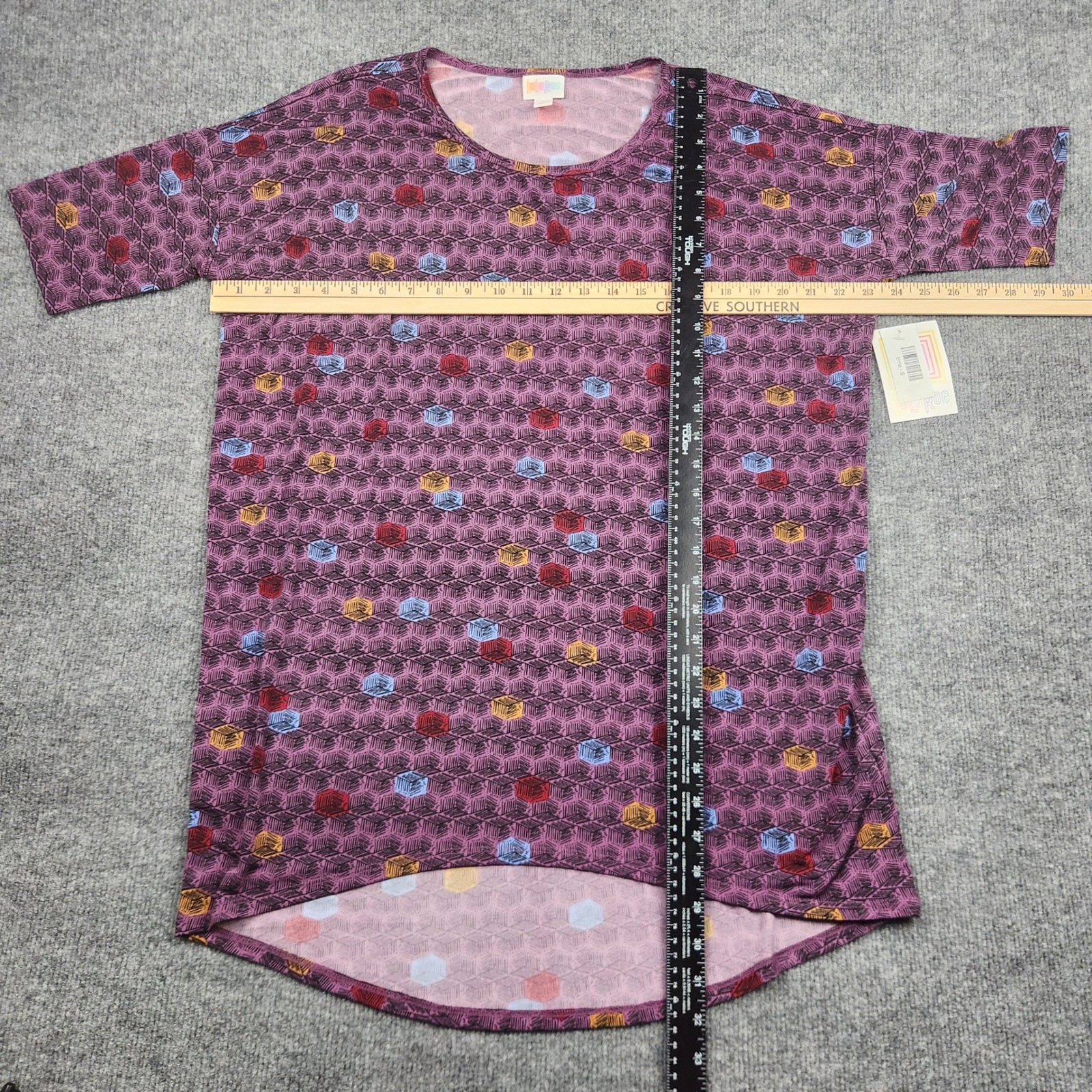 LuLaRoe Irma Tunic Top Womens Small Purple Geometric Cube Print High Low NWT