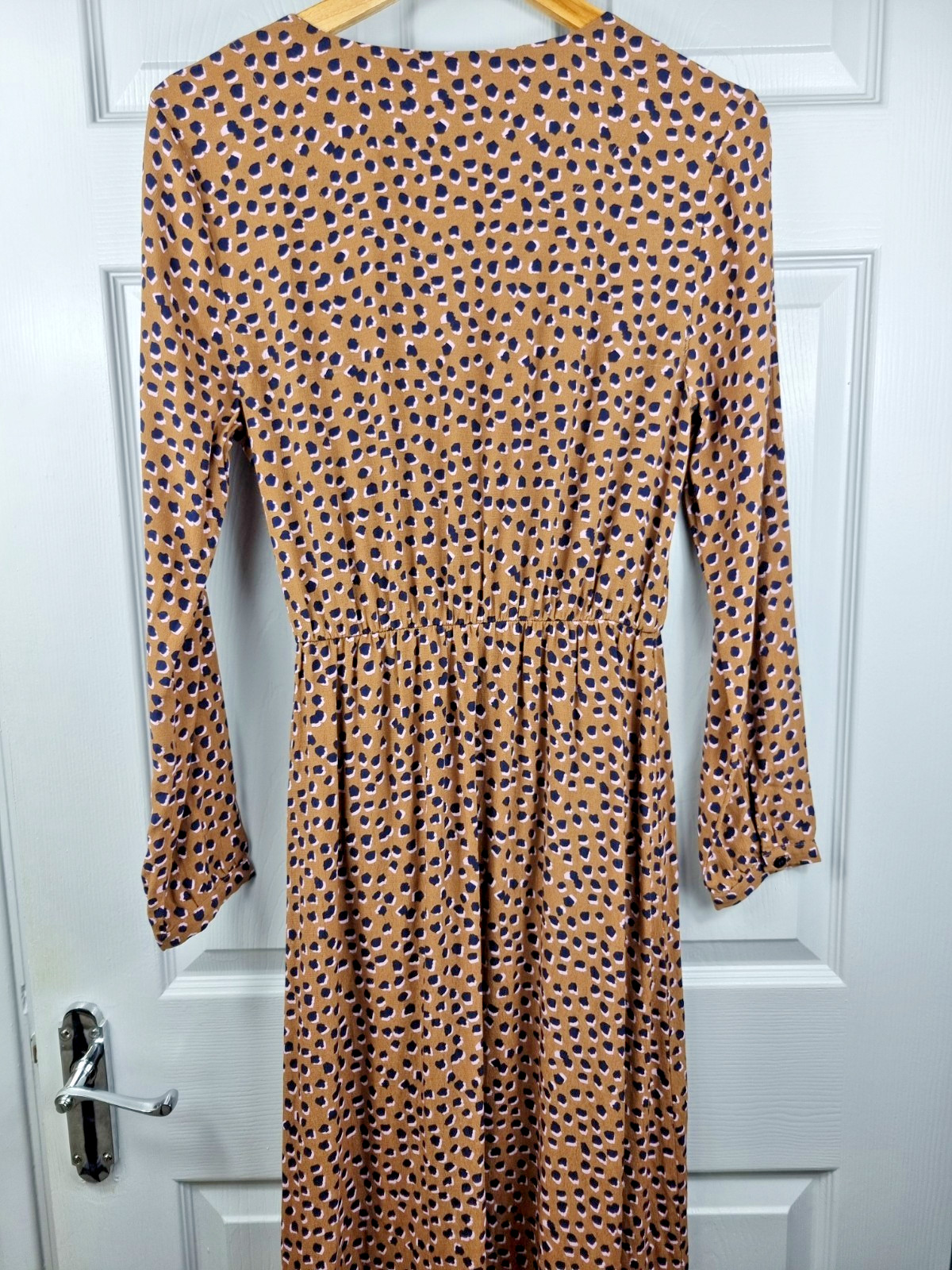 Joules Chloe Fixed Wrap Dress Mocha Leopard Print Midi Length V Neck Uk 12