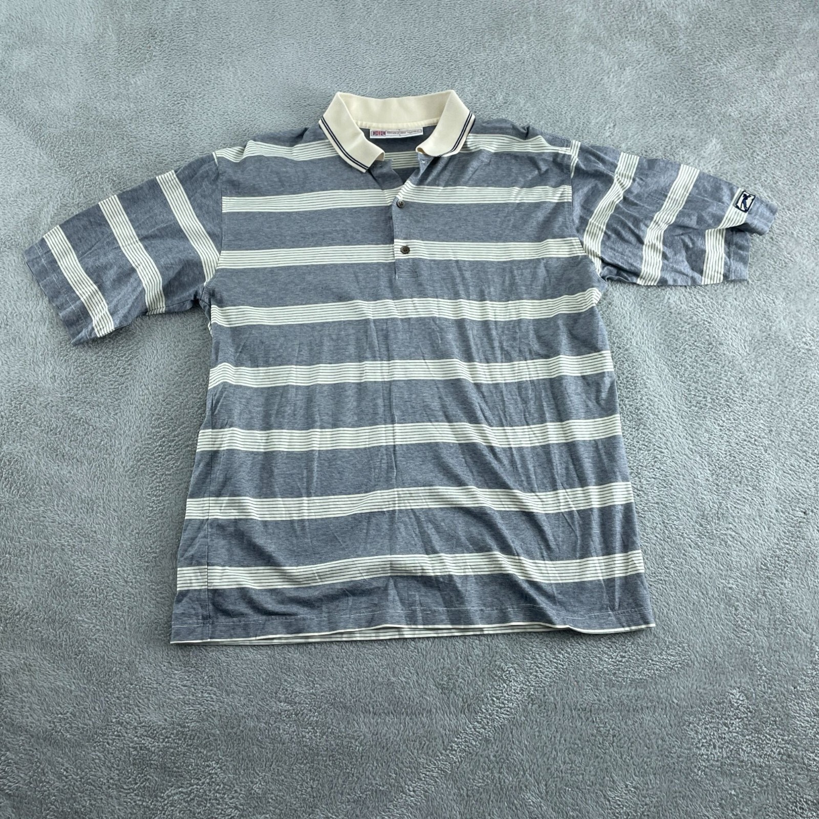 Slazenger Striped Polo Shirt Blue & White Cotton Size L Made In Hong Kong 4552
