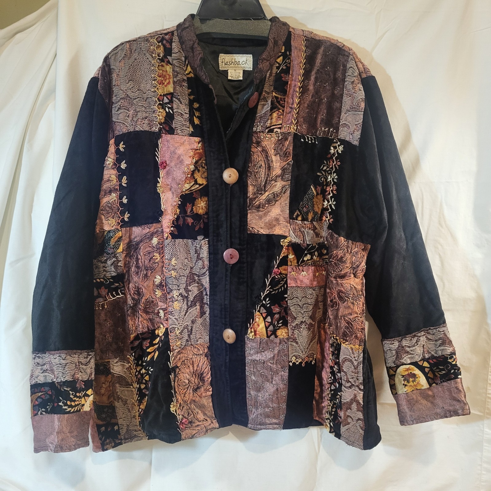 Flashback Patchwork Jacket Blazer Sz XL Texture Velvet Metallic Button Lined