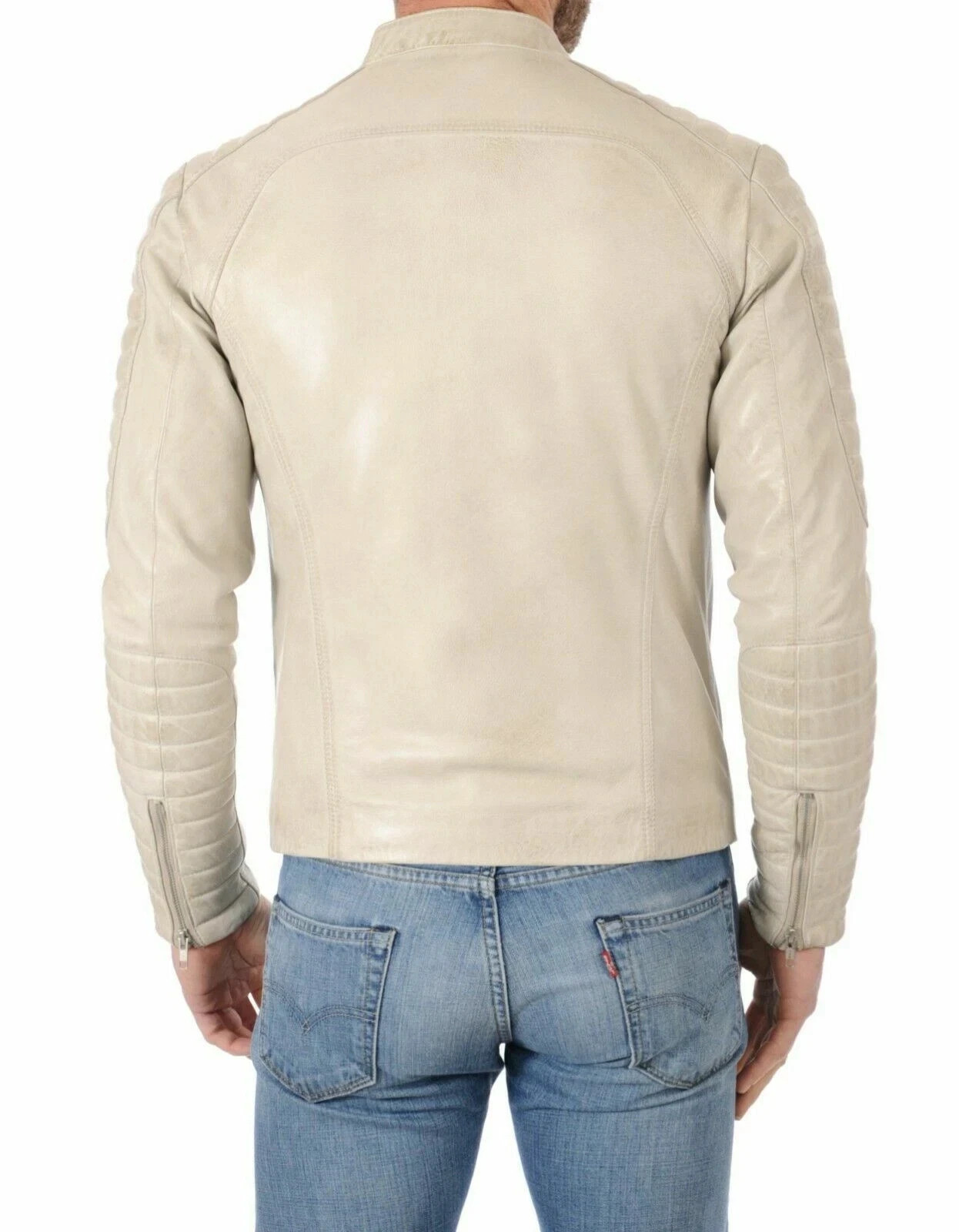 Men’s Cream Genuine Lambskin Leather Cafe Racer Quilted Motorcycle Casual Jacket