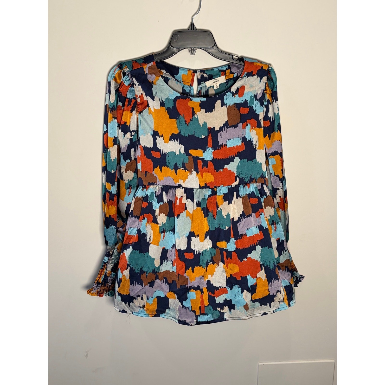 Entro Womens Small Abstract Print Babydoll Blouse Smocked Cuff Long Sleeve Top