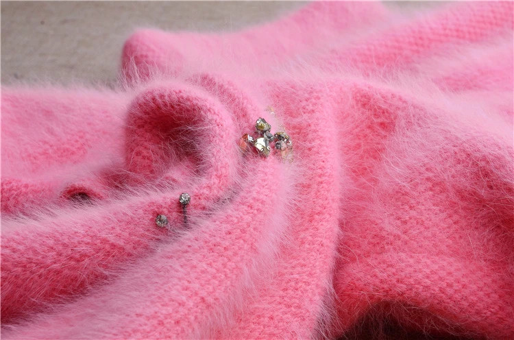 Women Thick Beading Angora Rabbit Fur Half Sleeves Slim Cardigans Sweater Coat