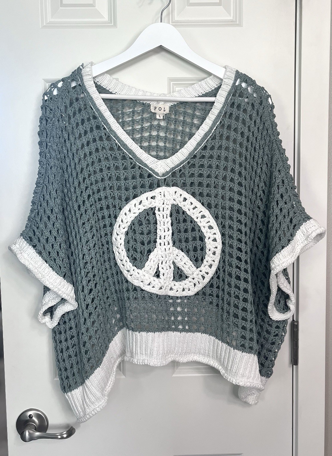 POL Crochet Open-Knit Pullover Sweater Blue/White V-Neck Peace Size L