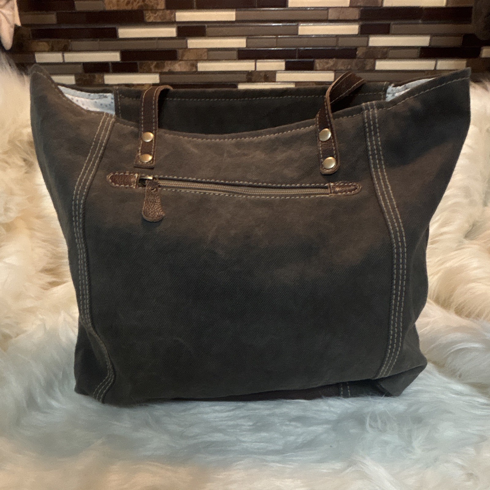 Myra Bag Blue & Brown Geometric Tote Zip Closure Lined Inner Pockets