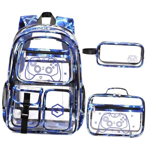 3PCS Cool Luminous Clear Backpack + Lunch Bag + Pencil Case Blue Lightning