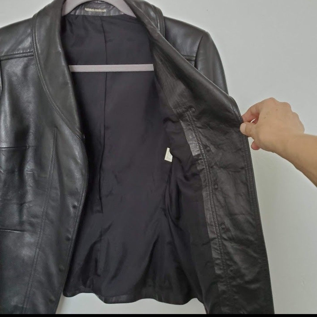 Charles Chang Lima Black Leather Sz 8 Jacket Lambskin Hidden Snap Silk LIned