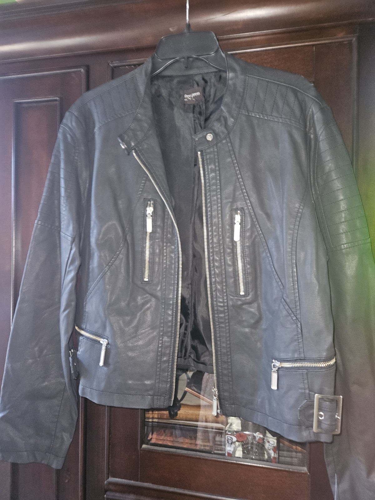 Nordstrom Rack womens Black Leather Biker Jacket Zip Front Stand-Up Collar XL