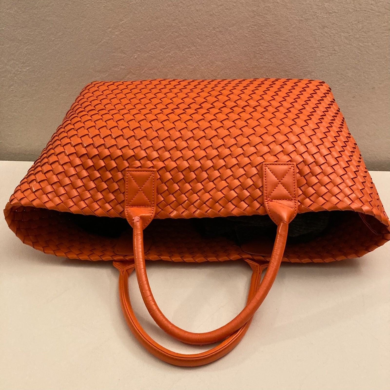 Woven Nappa Leather Tote Bag 21″ Intrecciato Shopper Lambskin Orange Large