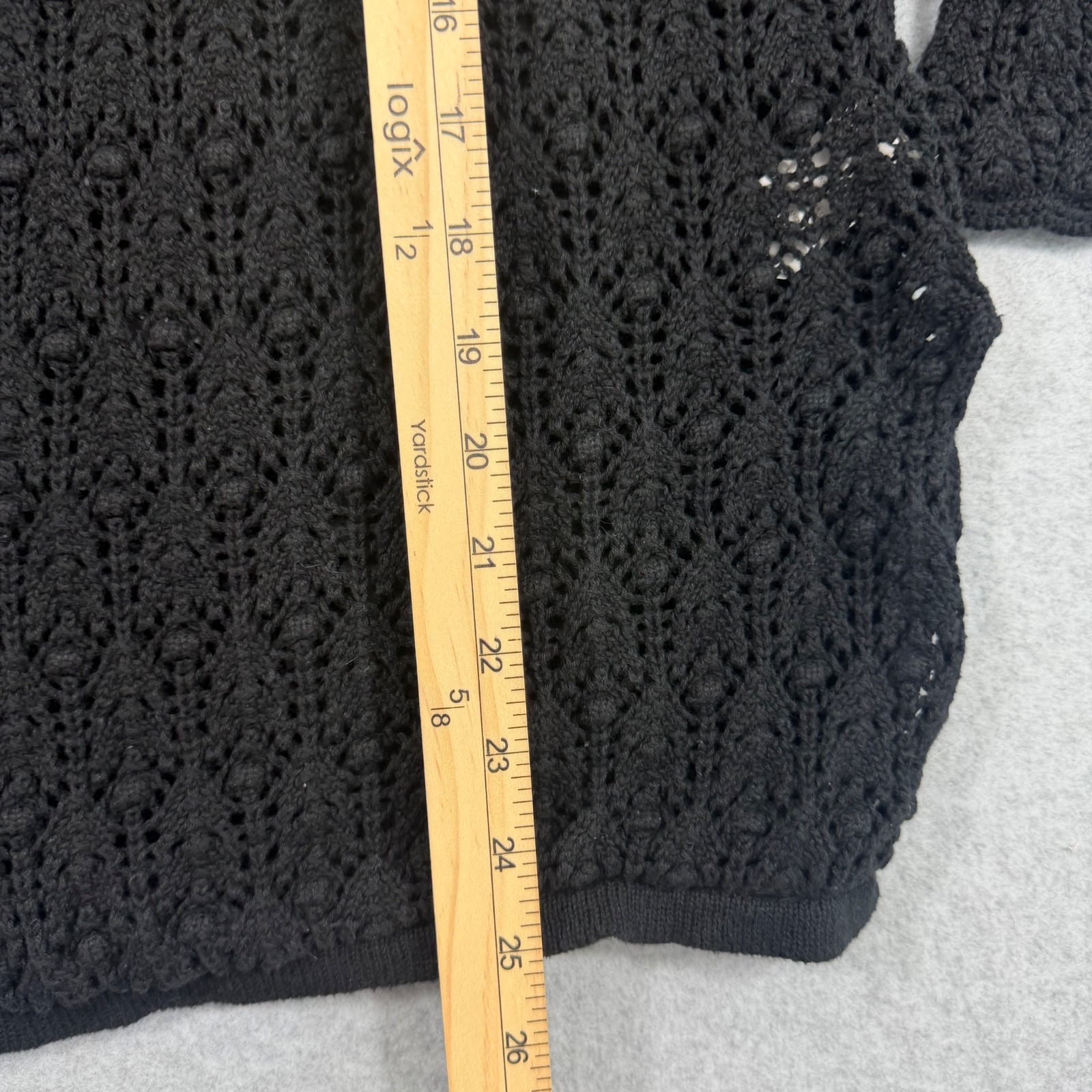 Jeanne Pierre Women’s Black Crochet Cardigan Size M Bell Sleeve Open Front
